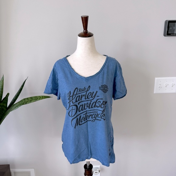 Harley-Davidson V-Neck Rock Stud Detail Blue Graphic Tee - Picture 2 of 8